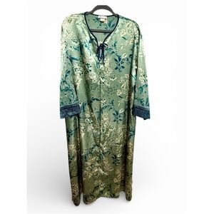 Vintage Jones New York Floral Satin Long Robe  Plus Sz-2X Zipper Front Lace Up